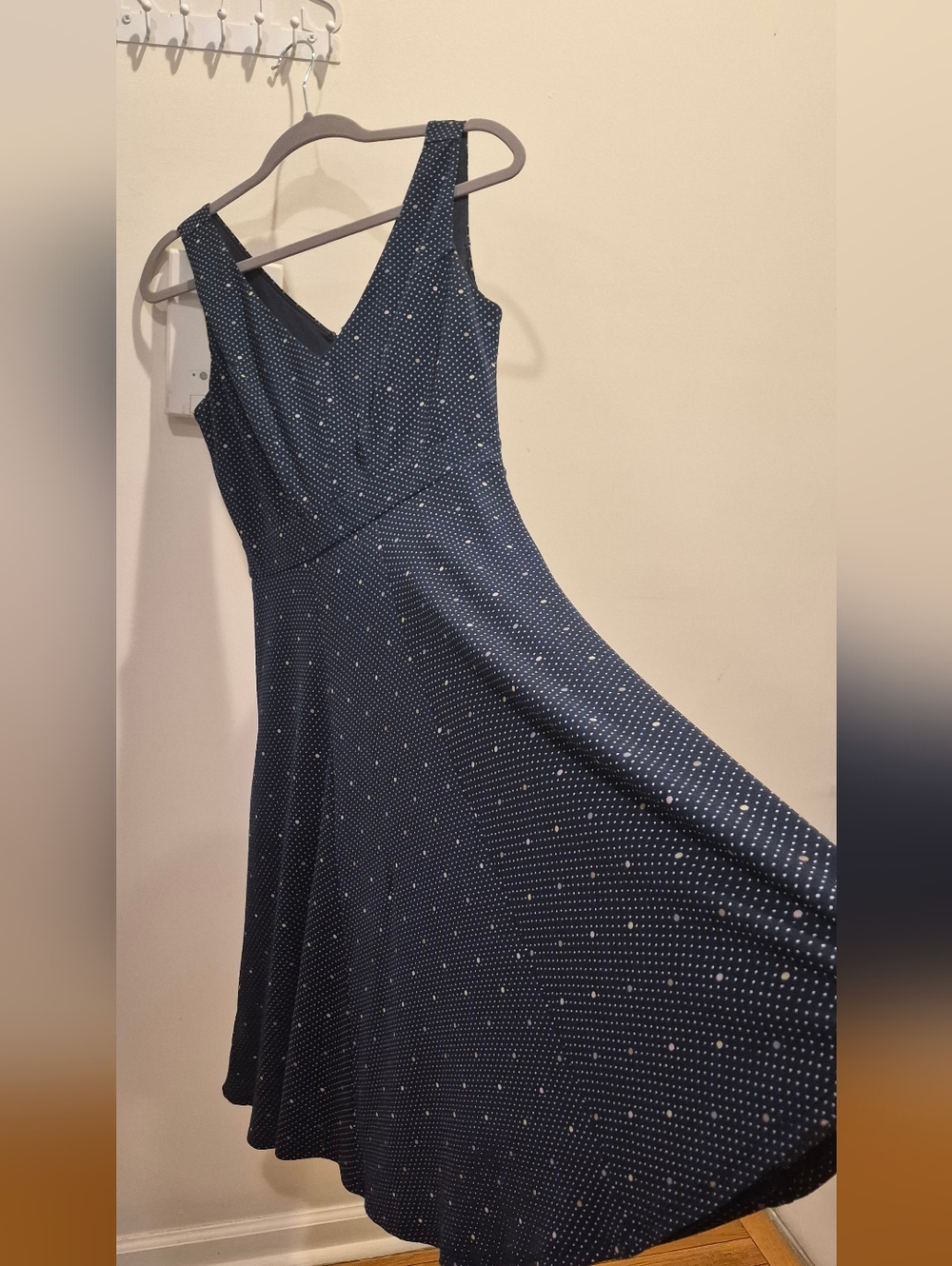 Ann Taylor Navy Polka Dot V-Neck Midi Dress
